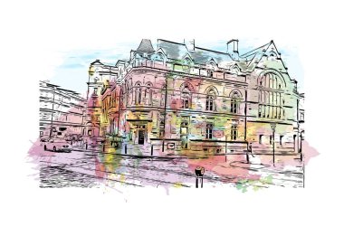 Tyne üzerinde Newcastle 'ın simgesi olan Print Building Manzarası İngiltere' de bir şehirdir. Vektörde elle çizilmiş resim ile suluboya sıçraması.