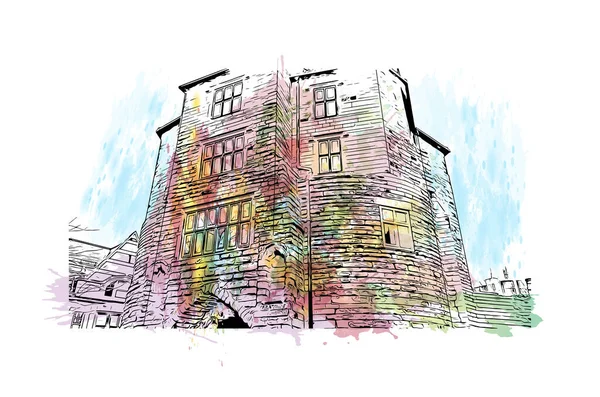 Print Building View Landmark Newcastle Tyne City England Watercolor Splash — Stock vektor