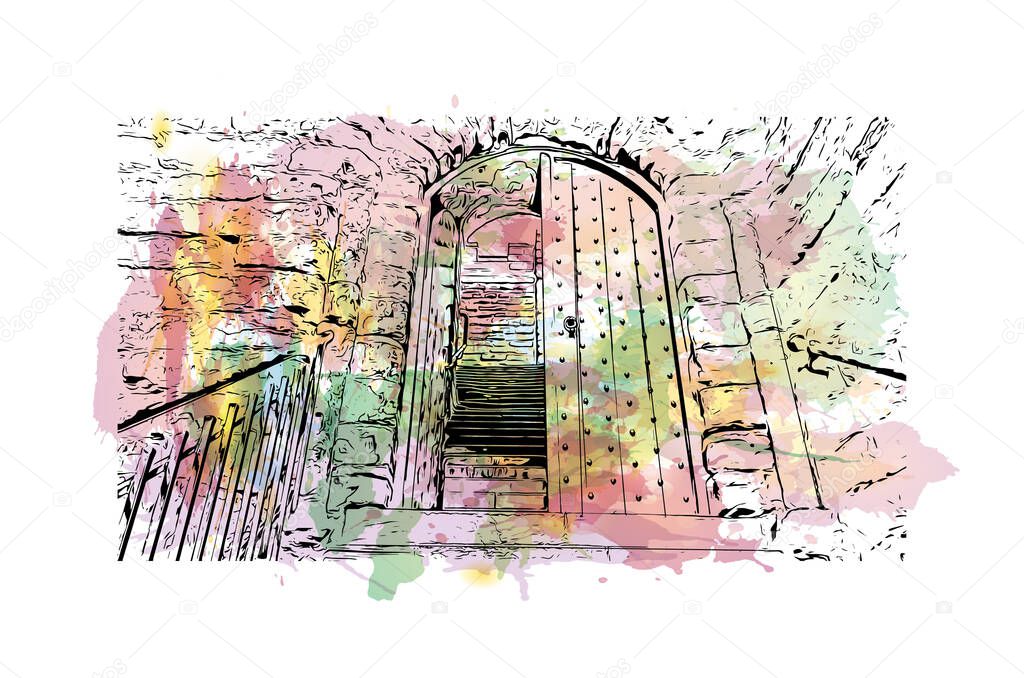 Print Building view with landmark of Newcastle upon Tyne is the city in England. Watercolor splash with hand drawn sketch illustration in vector.
