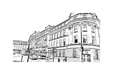 Tyne üzerinde Newcastle 'ın simgesi olan Print Building Manzarası İngiltere' de bir şehirdir. Vektörde elle çizilmiş çizim çizimi.