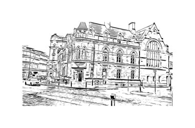 Tyne üzerinde Newcastle 'ın simgesi olan Print Building Manzarası İngiltere' de bir şehirdir. Vektörde elle çizilmiş çizim çizimi.