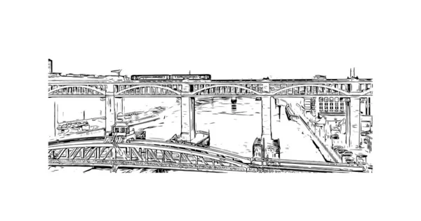 Print Building View Landmark Newcastle Tyne City England Hand Drawn — Image vectorielle