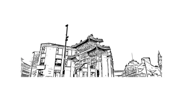 Print Building View Landmark Newcastle Tyne City England Hand Drawn — 图库矢量图片