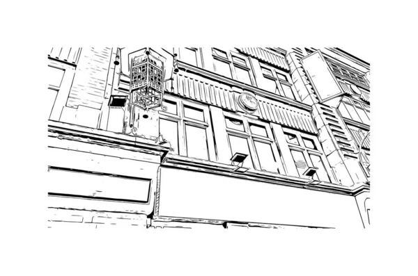 Tyne üzerinde Newcastle 'ın simgesi olan Print Building Manzarası İngiltere' de bir şehirdir. Vektörde elle çizilmiş çizim çizimi.