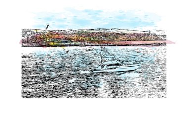 Newport Sahili 'nin simgesi olan Print Building View Kaliforniya' da bulunmaktadır. Vektörde elle çizilmiş resim ile suluboya sıçraması.