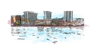 Newport Sahili 'nin simgesi olan Print Building View Kaliforniya' da bulunmaktadır. Vektörde elle çizilmiş resim ile suluboya sıçraması.