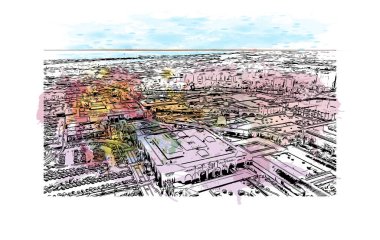 Newport Sahili 'nin simgesi olan Print Building View Kaliforniya' da bulunmaktadır. Vektörde elle çizilmiş resim ile suluboya sıçraması.