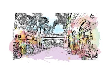 Newport Sahili 'nin simgesi olan Print Building View Kaliforniya' da bulunmaktadır. Vektörde elle çizilmiş resim ile suluboya sıçraması.