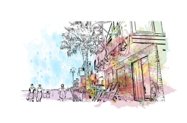 Newport Sahili 'nin simgesi olan Print Building View Kaliforniya' da bulunmaktadır. Vektörde elle çizilmiş resim ile suluboya sıçraması.