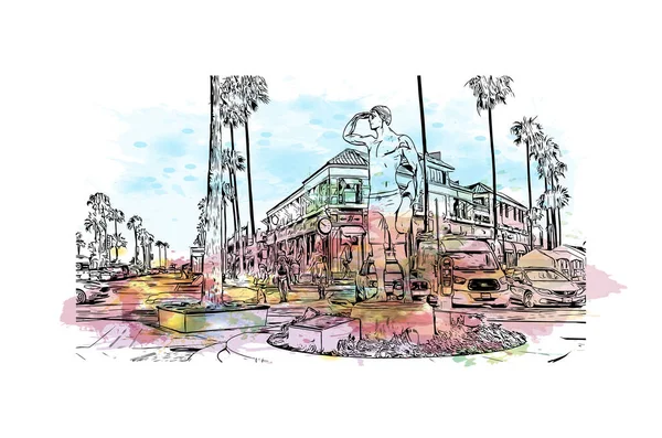 Print Building View Landmark Newport Beach City California Watercolor Splash — стоковый вектор