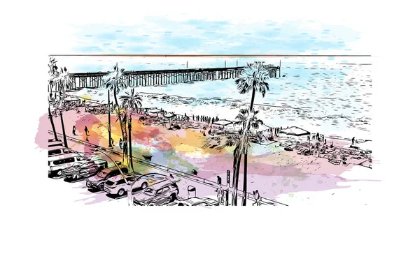 Print Building View Landmark Newport Beach City California Watercolor Splash — Stockvektor
