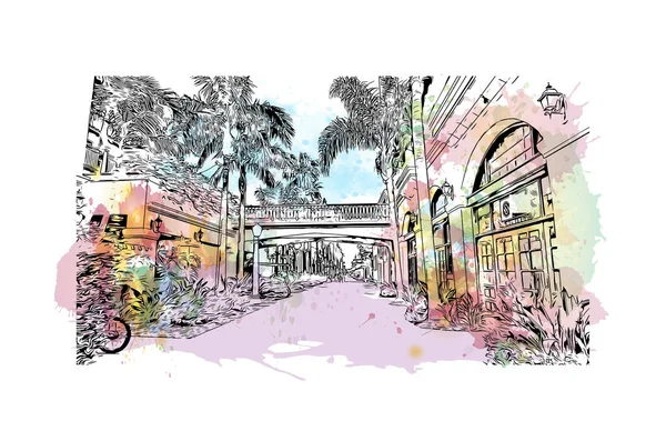 Print Building View Landmark Newport Beach City California Watercolor Splash — Vetor de Stock