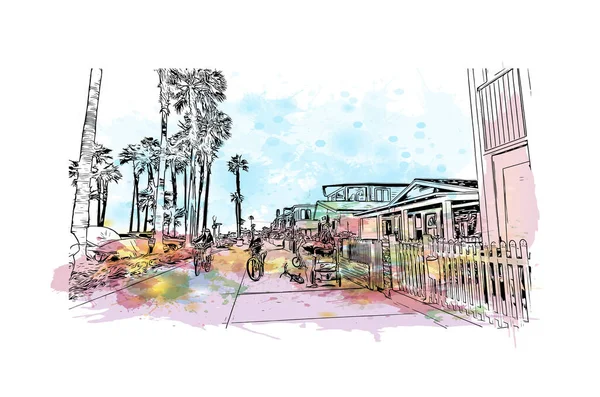 Print Building View Landmark Newport Beach City California Watercolor Splash — 图库矢量图片