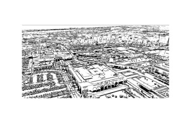 Newport Sahili 'nin simgesi olan Print Building View Kaliforniya' da bulunmaktadır. Vektörde elle çizilmiş çizim çizimi.