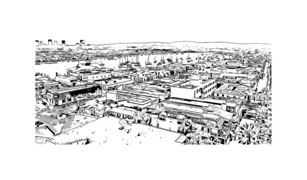Print Building View Landmark Newport Beach City California Hand Drawn — Archivo Imágenes Vectoriales