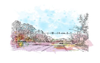 Newport News 'un simgesi olan Print Building View Virginia' da yer almaktadır. Vektörde elle çizilmiş resim ile suluboya sıçraması.