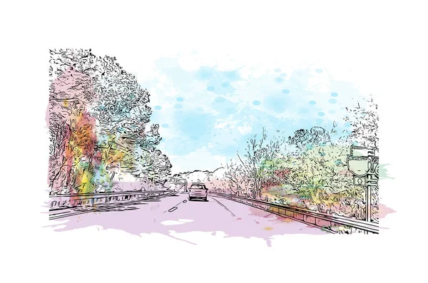 Newport News 'un simgesi olan Print Building View Virginia' da yer almaktadır. Vektörde elle çizilmiş resim ile suluboya sıçraması.