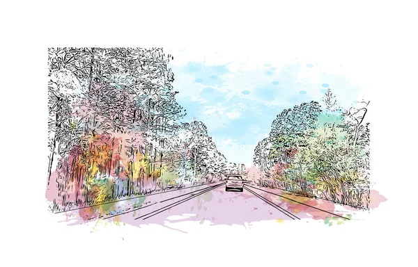 Newport News 'un simgesi olan Print Building View Virginia' da yer almaktadır. Vektörde elle çizilmiş resim ile suluboya sıçraması.