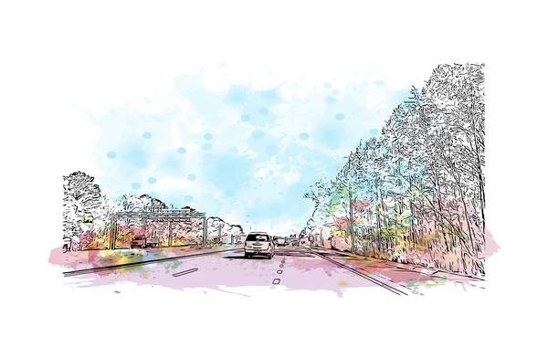 Newport News 'un simgesi olan Print Building View Virginia' da yer almaktadır. Vektörde elle çizilmiş resim ile suluboya sıçraması.