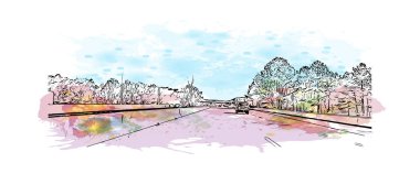 Newport News 'un simgesi olan Print Building View Virginia' da yer almaktadır. Vektörde elle çizilmiş resim ile suluboya sıçraması.