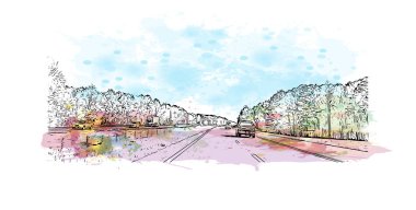 Newport News 'un simgesi olan Print Building View Virginia' da yer almaktadır. Vektörde elle çizilmiş resim ile suluboya sıçraması.