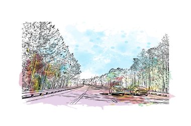 Newport News 'un simgesi olan Print Building View Virginia' da yer almaktadır. Vektörde elle çizilmiş resim ile suluboya sıçraması.