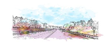 Newport News 'un simgesi olan Print Building View Virginia' da yer almaktadır. Vektörde elle çizilmiş resim ile suluboya sıçraması.