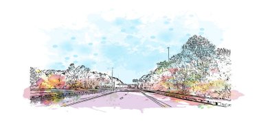 Newport News 'un simgesi olan Print Building View Virginia' da yer almaktadır. Vektörde elle çizilmiş resim ile suluboya sıçraması.