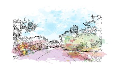 Print Building view with landmark of Newport is the city in Rhode Island. Watercolor splash with hand drawn sketch illustration in vector.