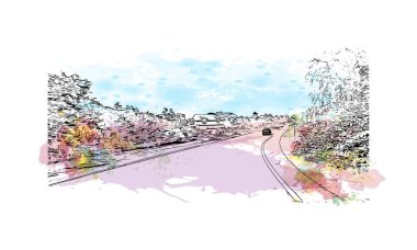 Print Building view with landmark of Newport is the city in Rhode Island. Watercolor splash with hand drawn sketch illustration in vector.