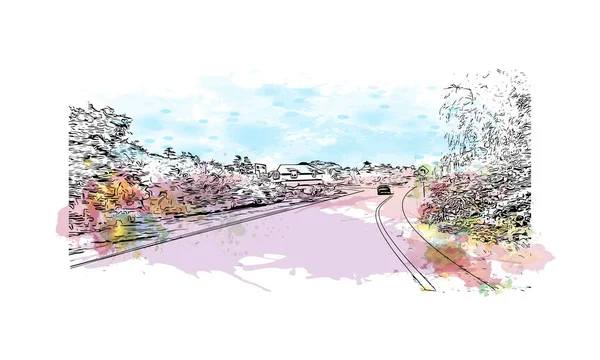 Print Building view with landmark of Newport is the city in Rhode Island. Watercolor splash with hand drawn sketch illustration in vector.