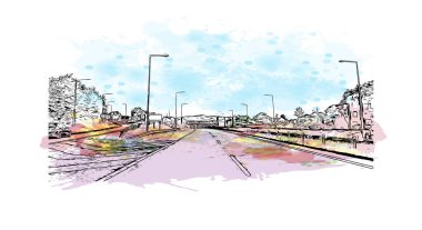 Print Building view with landmark of Newry is the city in Northern Ireland. Watercolor splash with hand drawn sketch illustration in vector.