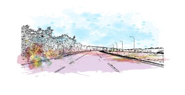 Print Building view with landmark of Newry is the city in Northern Ireland. Watercolor splash with hand drawn sketch illustration in vector.