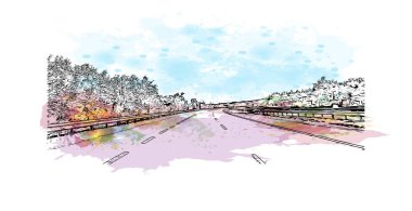 Print Building view with landmark of Newry is the city in Northern Ireland. Watercolor splash with hand drawn sketch illustration in vector.