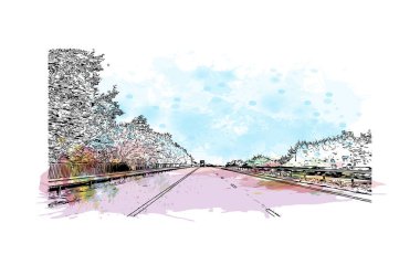 Print Building view with landmark of Newry is the city in Northern Ireland. Watercolor splash with hand drawn sketch illustration in vector.