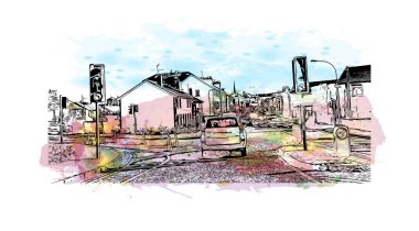 Print Building view with landmark of Newry is the city in Northern Ireland. Watercolor splash with hand drawn sketch illustration in vector.