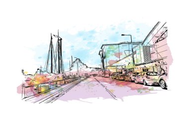 Print Building view with landmark of Newry is the city in Northern Ireland. Watercolor splash with hand drawn sketch illustration in vector.