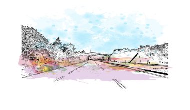 Print Building view with landmark of Newry is the city in Northern Ireland. Watercolor splash with hand drawn sketch illustration in vector.