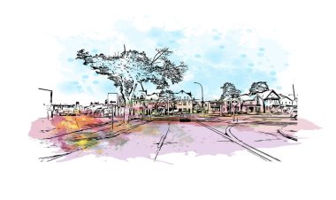 Print Building view with landmark of Niagara Falls is the city in Canada. Watercolor splash with hand drawn sketch illustration in vector. 