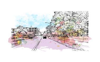 Print Building view with landmark of Niagara Falls is the city in Canada. Watercolor splash with hand drawn sketch illustration in vector. 