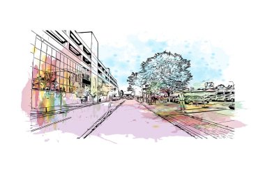 Print Building view with landmark of Niagara Falls is the city in Canada. Watercolor splash with hand drawn sketch illustration in vector. 