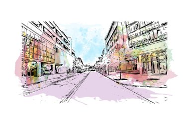 Print Building view with landmark of Niagara Falls is the city in Canada. Watercolor splash with hand drawn sketch illustration in vector. 