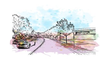 Print Building view with landmark of Niagara Falls is the city in Canada. Watercolor splash with hand drawn sketch illustration in vector. 