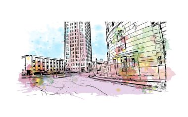 Print Building view with landmark of Niagara Falls is the city in Canada. Watercolor splash with hand drawn sketch illustration in vector. 