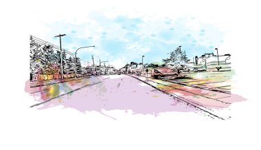 Print Building view with landmark of Niagara Falls is the city in Canada. Watercolor splash with hand drawn sketch illustration in vector. 