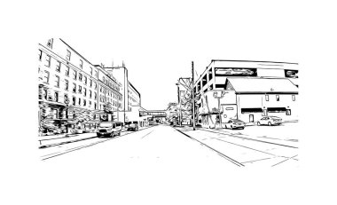 Print Building view with landmark of Niagara Falls is the city in Canada. Hand drawn sketch illustration in vector. 