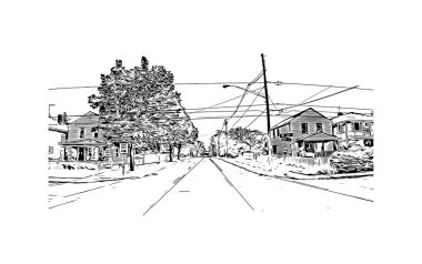 Print Building view with landmark of Niagara Falls is the city in Canada. Hand drawn sketch illustration in vector. 