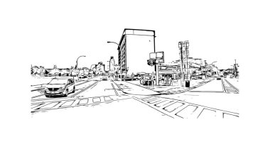 Print Building view with landmark of Niagara Falls is the city in Canada. Hand drawn sketch illustration in vector. 