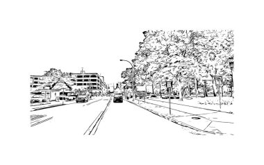 Print Building view with landmark of Niagara Falls is the city in Canada. Hand drawn sketch illustration in vector. 