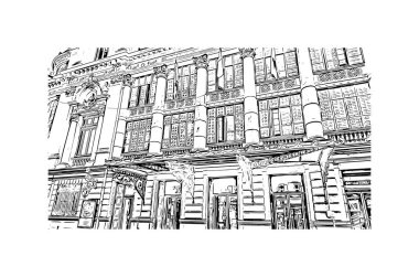 Print Building view with landmark of Nice is the city in France. Hand drawn sketch illustration in vector.